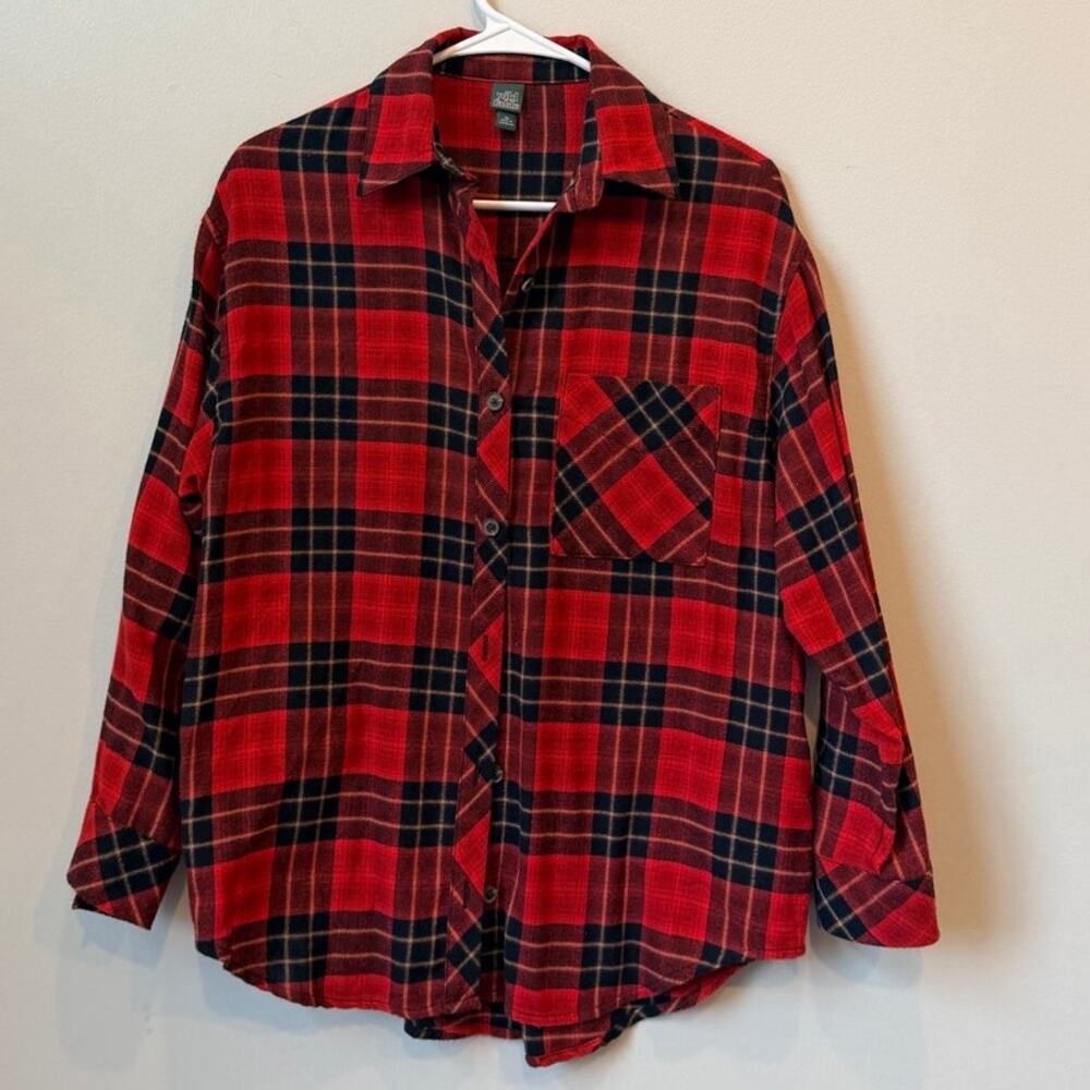 Wild Fable Target Red Plaid Flannel Button Down Shirt Women XS Oversized Checked